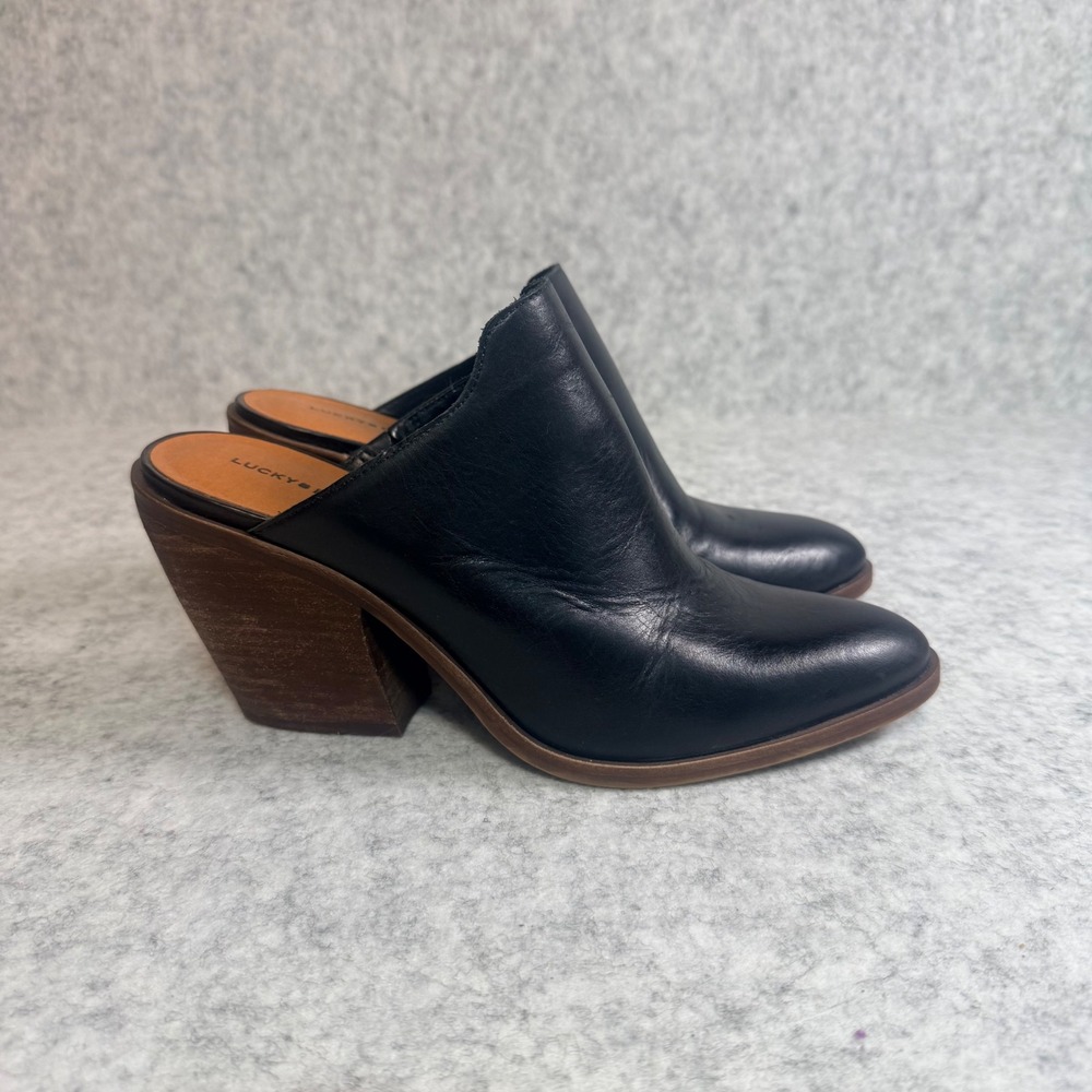 Lucky Brand Lullin Mules Women 9.5 Black Leather Pointed Toe Block Heel Slip On